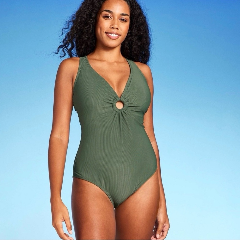 Shade & Shore Olive Green One-Piece Swimsuit with Front Ring Detail b170